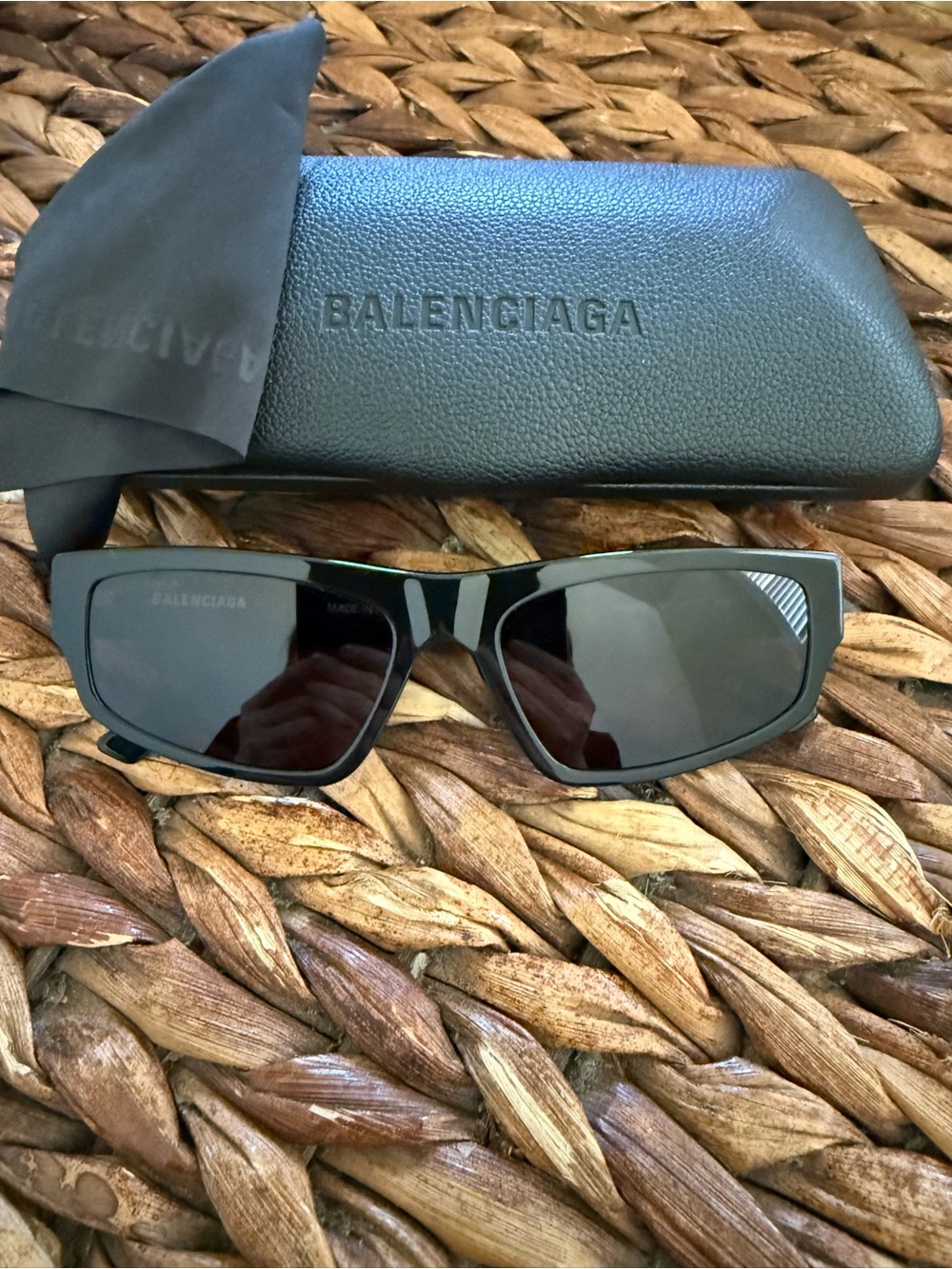 Balenciaga Black Gloss Rectangular Sunglasses with Dark Lenses
